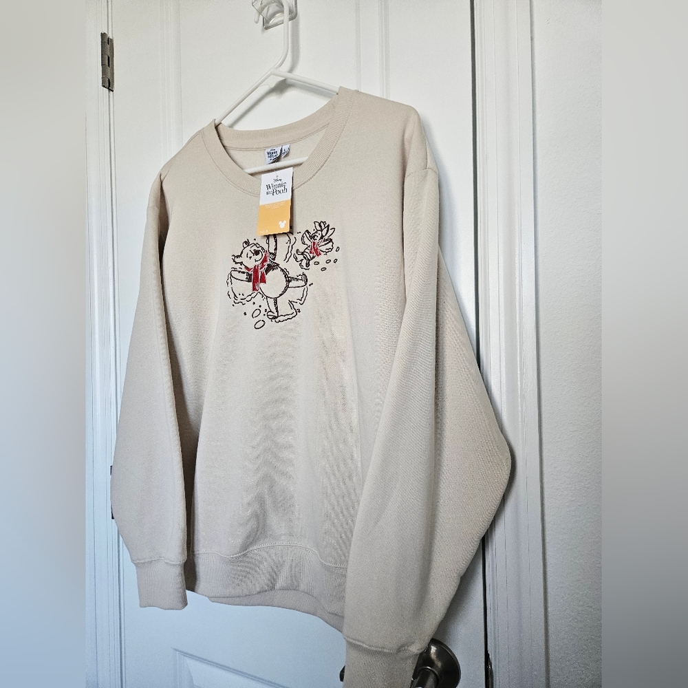 NWT Disney Cream Winnie the Pooh Embroidered Crewneck Sweater Size Large